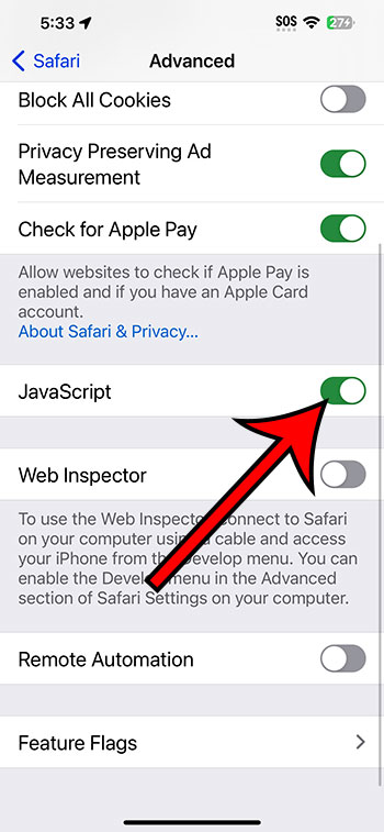 how to enable JavaScript on iPhone 15